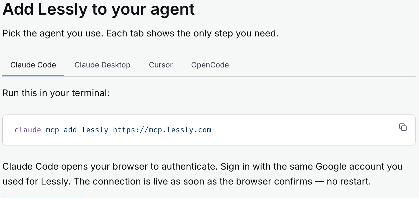 A docs guide — agent tabs and a single terminal command to add the Lessly MCP
